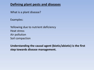 Defining plant pests and diseases
What is a plant disease?
Examples:
Yellowing due to nutrient deficiency
Heat stress
Air pollution
Soil compaction
Understanding the causal agent (biotic/abiotic) is the first
step towards disease management.
 