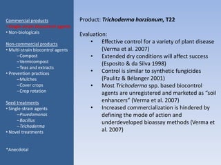Product: Trichoderma harzianum, T22
Evaluation:
• Effective control for a variety of plant disease
(Verma et al. 2007)
• Extended dry conditions will affect success
(Esposito & da Silva 1998)
• Control is similar to synthetic fungicides
(Paulitz & Bélanger 2001)
• Most Trichoderma spp. based biocontrol
agents are unregistered and marketed as “soil
enhancers” (Verma et al. 2007)
• Increased commercialization is hindered by
defining the mode of action and
underdeveloped bioassay methods (Verma et
al. 2007)
Commercial products
• Single-strain biocontrol agents
• Non-biologicals
Non-commercial products
• Multi-strain biocontrol agents
–Compost
–Vermicompost
–Teas and extracts
• Prevention practices
–Mulches
–Cover crops
–Crop rotation
Seed treatments
• Single-strain agents
–Psuedomonas
–Bacillus
–Trichoderma
• Novel treatments
*Anecdotal
 