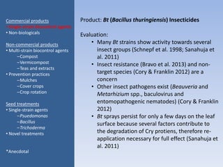 Product: Bt (Bacillus thuringiensis) Insecticides
Evaluation:
• Many Bt strains show activity towards several
insect groups (Schnepf et al. 1998; Sanahuja et
al. 2011)
• Insect resistance (Bravo et al. 2013) and non-
target species (Cory & Franklin 2012) are a
concern
• Other insect pathogens exist (Beauveria and
Metarhizium spp., baculovirus and
entomopathogenic nematodes) (Cory & Franklin
2012)
• Bt sprays persist for only a few days on the leaf
surface because several factors contribute to
the degradation of Cry protiens, therefore re-
application necessary for full effect (Sanahuja et
al. 2011)
Commercial products
• Single-strain biocontrol agents
• Non-biologicals
Non-commercial products
• Multi-strain biocontrol agents
–Compost
–Vermicompost
–Teas and extracts
• Prevention practices
–Mulches
–Cover crops
–Crop rotation
Seed treatments
• Single-strain agents
–Psuedomonas
–Bacillus
–Trichoderma
• Novel treatments
*Anecdotal
 