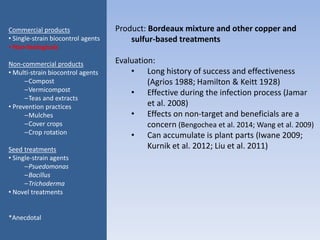 Product: Bordeaux mixture and other copper and
sulfur-based treatments
Evaluation:
• Long history of success and effectiveness
(Agrios 1988; Hamilton & Keitt 1928)
• Effective during the infection process (Jamar
et al. 2008)
• Effects on non-target and beneficials are a
concern (Bengochea et al. 2014; Wang et al. 2009)
• Can accumulate is plant parts (Iwane 2009;
Kurnik et al. 2012; Liu et al. 2011)
Commercial products
• Single-strain biocontrol agents
• Non-biologicals
Non-commercial products
• Multi-strain biocontrol agents
–Compost
–Vermicompost
–Teas and extracts
• Prevention practices
–Mulches
–Cover crops
–Crop rotation
Seed treatments
• Single-strain agents
–Psuedomonas
–Bacillus
–Trichoderma
• Novel treatments
*Anecdotal
 