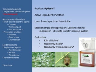 Product: PyGanic®
Active ingredient: Pyrethrin
Uses: Broad spectrum insecticide
Mechanism(s) of suppression: Sodium channel
modulator – disrupts insects’ nervous system
Evaluation:
• Kills all it hits*
• Used only inside*
• Used only when necessary*
Commercial products
• Single-strain biocontrol agents
• Non-biologicals
Non-commercial products
• Multi-strain biocontrol agents
–Compost
–Vermicompost
–Teas and extracts
• Prevention practices
–Mulches
–Cover crops
–Crop rotation
Seed treatments
• Single-strain agents
–Psuedomonas
–Bacillus
–Trichoderma
• Novel treatments
*Anecdotal njaes.rutgers.eduextension.umn.edu
 