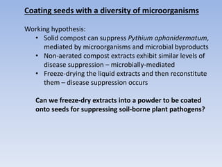 Coating seeds with a diversity of microorganisms
Working hypothesis:
• Solid compost can suppress Pythium aphanidermatum,
mediated by microorganisms and microbial byproducts
• Non-aerated compost extracts exhibit similar levels of
disease suppression – microbially-mediated
• Freeze-drying the liquid extracts and then reconstitute
them – disease suppression occurs
Can we freeze-dry extracts into a powder to be coated
onto seeds for suppressing soil-borne plant pathogens?
 