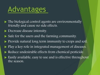 Advantages
 The biological control agents are environmentally
friendly and cause no side effects.
 Decrease disease intensity.
 Safe for the users and the farming community.
 Provide natural long term immunity to crops and soil.
 Play a key role in integrated management of diseases.
 Reduce undesirable effects from chemical pesticide.
 Easily available, easy to use and is effective throughout
the season.
 