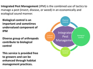Integrated Pest Management (IPM) is the combined use of tactics to
manage a pest (insect, disease, or weed) in an economically and
ecological sound manner.

 Biological control is an                        Physical
                                                 Physical
                                                 Control
                                                 Control
 important and sometimes
 undervalued component of
 IPM
                                               Integrated
                                   Cultural
                                   Cultural                 Biological
                                                            Biological
                                   Control
                                   Control        Pest       Control
                                                             Control
 Diverse group of arthropods
                                              Management
 contribute to biological
 control
                                                 Chemical
                                                 Chemical
 This service is provided free                    Control
                                                  Control

 to growers and can be
 enhanced through habitat
 management practices.
 