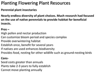 Planting Flowering Plant Resources
Perennial plant insectaries
Nearly endless diversity of plant choices. Much research had focused
on the use of native perennials to provide habitat for beneficial
insects.
Pros –
High pollen and nectar production
Can customize bloom period and species complex
Provide overwintering habitat
Establish once, benefit for several years
If natives are used enhances biodiversity
Provides food, nesting for other wildlife such as ground-nesting birds
Cons-
Seed costs greater than annuals
Plants take 2-3 years to fully establish
Cannot move planting annually
 