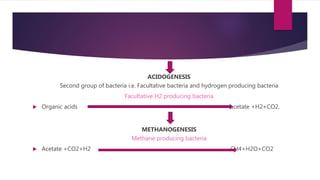 ACIDOGENESIS
Second group of bacteria i.e. Facultative bacteria and hydrogen producing bacteria
Facultative H2 producing bacteria
 Organic acids acetate +H2+CO2.
METHANOGENESIS
Methane producing bacteria
 Acetate +CO2+H2 CH4+H2O+CO2
 