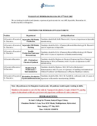 WALK-IN AT HYDERABAD & GOA ON 17TH
MAY 2015
We are looking for skilled and dynamic experienced professionals for our (API, Injectable, Biosimilars &
Insulin) facilities in Bangalore.
POSITIONS FOR HYDERABAD WALK-IN DRIVE
Position Department Job Specifications
Jr.Executive /Executive/
Sr. Executive
Injectable (Fill Finish)
Production
Candidate should be B.Sc/B. Pharm with 1-6 years of experience in Injectable
manufacturing.
Jr.Executive /Executive/
Sr. Executive
Injectable (Fill Finish)
Packing
Candidate should be B.Sc. (Chemistry/Biotech/Microbiology)/ B. Pharm 0-3
years of experience in Injectable.
Jr.Executive /Executive/
Sr. Executive
Insulin
Production(Upstream/
Downstream)
Candidate should be B.Sc. (Chemistry/Biotech/Microbiology)/ B. Pharm/
MSc with 1-6 years of experience in Insulin manufacturing.
Jr.Executive/Executive
API – Production /
Chemical Synthesis
Candidate should be Diploma in Chemical Engineering/ Petro Chemical
Engineering or B.Sc in Chemistry with 1-6 years of experience in API
manufacturing.
Jr.Executive/Executive/
Sr.Executive
Engineering &
Maintenance /
Instrumentation
Candidate should be Diploma / B.E / B.Tech in Mechanical /
Instrumentation with 2-6 years of experience of handling instrumentation/
Utilities/ Facilities/ Lab Maintenance in Pharma /Healthcare industry.
Jr.Executive/ Executive/
Sr. Executive
Biosimilars Production
(Upstream/Downstream)
Candidate should be BSc / B.E / B. Tech/M.Sc. in Biotech with 1-6 years of
experience in Biosimilar manufacturing (MABs).
Note: All positions are for Bangalore location only. All positions would require working in shifts.
Mandatory documents to carry for the walk-in: 5 passport size photos, 2 copies of their CV, payslip,
copies of educational certificates, previous work experience certificates & salary annexure.
HYDERABAD VENUE:
St.Ann’s College for Women, Santosh Nagar Colony,
Chandana Brother’s Lane, Near ICICI Bank, Medhipatnam, Hyderabad.
Date: Sunday, 17th
May 2015.
Time: 9:00AM- 03:00PM
 