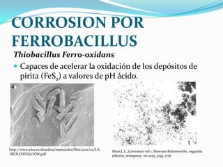 CORROSION POR
FERROBACILLUS
Thiobacillus Ferro-oxidans
 Capaces de acelerar la oxidación de los depósitos de
pirita (FeS2) a valores de pH ácido.
http://www.ehu.es/ehusfera/materiales/files/2011/02/LA
-BIOLIXIVIACION.pdf
Sheir,L.L.,Corrosion vol 1, Newnes-Butterwoths, segunda
edición, reimpreso en 1979, pag. 2:76.
 