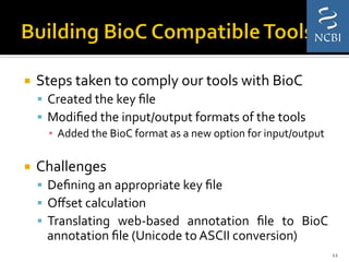 ¡  Steps	
  taken	
  to	
  comply	
  our	
  tools	
  with	
  BioC	
  
§  Created	
  the	
  key	
  ﬁle	
  
§  Modiﬁed	
  the	
  input/output	
  formats	
  of	
  the	
  tools	
  
▪  Added	
  the	
  BioC	
  format	
  as	
  a	
  new	
  option	
  for	
  input/output	
  
	
  
¡  Challenges	
  
§  Deﬁning	
  an	
  appropriate	
  key	
  ﬁle	
  	
  
§  Oﬀset	
  calculation	
  	
  
§  Translating	
   web-­‐based	
   annotation	
   ﬁle	
   to	
   BioC	
  
annotation	
  ﬁle	
  (Unicode	
  to	
  ASCII	
  conversion)	
  
12	
  
 