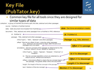¡  Common	
  key	
  ﬁle	
  for	
  all	
  tools	
  since	
  they	
  are	
  designed	
  for	
  
similar	
  types	
  of	
  data	
  	
  
14	
  
id:	
  	
  PubMed	
  id.	
  
Passage:	
  	
  e.g.,	
  title,	
  abstract	
  
Oﬀset	
  of	
  the	
  passage	
  
Id	
  of	
  the	
  bioconcept	
  
Oﬀset	
  of	
  the	
  bioconcept	
  
Length	
  of	
  the	
  bioconcept	
  
Mention	
  of	
  the	
  bioconcept	
  
date:	
  	
  the	
  time	
  annotation	
  create	
  
 
