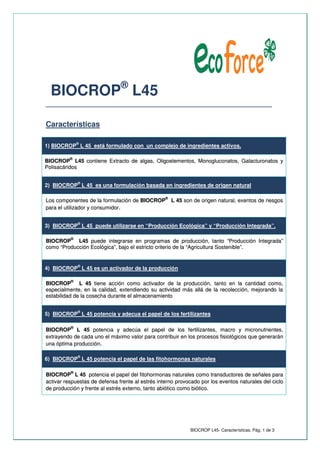 BIOCROP L45- Características. Pág. 1 de 3
BIOCROP®
L45
______________________________________________________
Características
1) BIOCROP
®
L 45 está formulado con un complejo de ingredientes activos.
BBIIOOCCRROOPP®®
LL4455 ccoonnttiieennee EExxttrraaccttoo ddee aallggaass,, OOlliiggooeelleemmeennttooss,, MMoonnoogglluuccoonnaattooss,, GGaallaaccttuurroonnaattooss yy
PPoolliissaaccáárriiddooss
2) BIOCROP
®
L 45 es una formulación basada en ingredientes de origen natural
LLooss ccoommppoonneenntteess ddee llaa ffoorrmmuullaacciióónn ddee BBIIOOCCRROOPP®®
LL 4455 ssoonn ddee oorriiggeenn nnaattuurraall,, eexxeennttooss ddee rriieessggooss
ppaarraa eell uuttiilliizzaaddoorr yy ccoonnssuummiiddoorr..
3) BIOCROP
®
L 45 puede utilizarse en “Producción Ecológica” y “Producción Integrada”.
BBIIOOCCRROOPP®®
LL4455 ppuueeddee iinntteeggrraarrssee eenn pprrooggrraammaass ddee pprroodduucccciióónn,, ttaannttoo ““PPrroodduucccciióónn IInntteeggrraaddaa””
ccoommoo ““PPrroodduucccciióónn EEccoollóóggiiccaa””,, bbaajjoo eell eessttrriiccttoo ccrriitteerriioo ddee llaa ““AAggrriiccuullttuurraa SSoosstteenniibbllee””..
4) BIOCROP
®
L 45 es un activador de la producción
BBIIOOCCRROOPP®®
LL 4455 ttiieennee aacccciióónn ccoommoo aaccttiivvaaddoorr ddee llaa pprroodduucccciióónn,, ttaannttoo eenn llaa ccaannttiiddaadd ccoommoo,,
eessppeecciiaallmmeennttee,, eenn llaa ccaalliiddaadd,, eexxtteennddiieennddoo ssuu aaccttiivviiddaadd mmááss aalllláá ddee llaa rreeccoolleecccciióónn,, mmeejjoorraannddoo llaa
eessttaabbiilliiddaadd ddee llaa ccoosseecchhaa dduurraannttee eell aallmmaacceennaammiieennttoo
5) BIOCROP
®
L 45 potencia y adecua el papel de los fertilizantes
BBIIOOCCRROOPP®®
LL 4455 ppootteenncciiaa yy aaddeeccúúaa eell ppaappeell ddee llooss ffeerrttiilliizzaanntteess,, mmaaccrroo yy mmiiccrroonnuuttrriieenntteess,,
eexxttrraayyeennddoo ddee ccaaddaa uunnoo eell mmááxxiimmoo vvaalloorr ppaarraa ccoonnttrriibbuuiirr eenn llooss pprroocceessooss ffiissiioollóóggiiccooss qquuee ggeenneerraarráánn
uunnaa óóppttiimmaa pprroodduucccciióónn..
6) BIOCROP
®
L 45 potencia el papel de las fitohormonas naturales
BBIIOOCCRROOPP®®
LL 4455 ppootteenncciiaa eell ppaappeell ddeell ffiittoohhoorrmmoonnaass nnaattuurraalleess ccoommoo ttrraannssdduuccttoorreess ddee sseeññaalleess ppaarraa
aaccttiivvaarr rreessppuueessttaass ddee ddeeffeennssaa ffrreennttee aall eessttrrééss iinntteerrnnoo pprroovvooccaaddoo ppoorr llooss eevveennttooss nnaattuurraalleess ddeell cciicclloo
ddee pprroodduucccciióónn yy ffrreennttee aall eessttrrééss eexxtteerrnnoo,, ttaannttoo aabbiióóttiiccoo ccoommoo bbiióóttiiccoo..
 