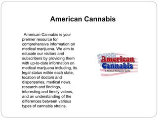 American Cannabis
American Cannabis is your
premier resource for
comprehensive information on
medical marijuana. We aim to
educate our visitors and
subscribers by providing them
with up-to-date information on
medical marijuana including, its
legal status within each state,
location of doctors and
dispensaries, medical news,
research and findings,
interesting and timely videos,
and an understanding of the
differences between various
types of cannabis strains.
 