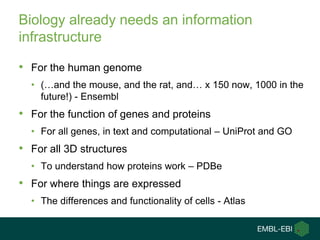 Biology already needs an information
infrastructure

• For the human genome
  • (…and the mouse, and the rat, and… x 150 now, 1000 in the
    future!) - Ensembl
• For the function of genes and proteins
  • For all genes, in text and computational – UniProt and GO
• For all 3D structures
  • To understand how proteins work – PDBe
• For where things are expressed
  • The differences and functionality of cells - Atlas
 