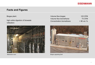 Facts and Figures

Biogas plant:                       Volume flow biogas:           123 CFM
                                    Volume flow biomethane:        73 CFM
high solids digestion of biowaste   Concentration biomethane:   > 96 vol.-%
Utilization:

grid injection and fuel


for public transportation fleet




Membrane room                       Biogas upgrading plant




                                                                              13
 