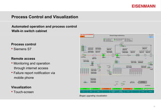 Process Control and Visualization

Automated operation and process control
Walk-in switch cabinet



Process control
 Siemens S7


Remote access
 Monitoring and operation
  through internet access
 Failure report notification via
  mobile phone

Visualization
 Touch-screen
                                          Biogas upgrading visualization




                                                                           23
 