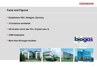 Facts and Figures

     Established 1951; Stuttgart, Germany

     12 locations worldwide

     US location since late 70‘s; Crystal Lake, IL

     3,600 employees

     More than 90 biogas facilities

                                                      Founding
                                                       Member




3                                                                32
 