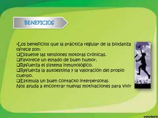 BENEFICIOS



•Los beneficios que la práctica regular de la biodanza
ofrece son:
Disuelve las tensiones motoras crónicas.
Favorece un estado de buen humor.
Refuerza el sistema inmunológico.
Refuerza la autoestima y la valoración del propio
cuerpo.
Estimula un buen contacto interpersonal.
Nos ayuda a encontrar nuevas motivaciones para vivir
 
