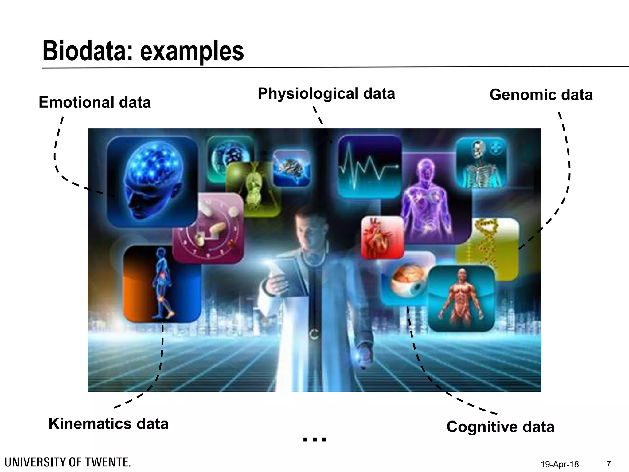 Biodata: examples
19-Apr-18 7
Genomic data
Kinematics data
Physiological data
Emotional data
Cognitive data
…
 