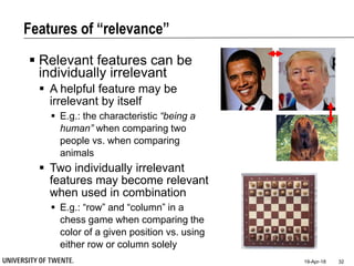 Features of “relevance”
19-Apr-18 32
 Relevant features can be
individually irrelevant
 A helpful feature may be
irrelevant by itself
 E.g.: the characteristic “being a
human” when comparing two
people vs. when comparing
animals
 Two individually irrelevant
features may become relevant
when used in combination
 E.g.: “row” and “column” in a
chess game when comparing the
color of a given position vs. using
either row or column solely
 