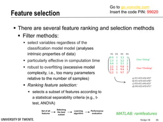 Feature selection
19-Apr-18 35
 There are several feature ranking and selection methods
MATLAB: rankfeatures
 Filter methods:
 select variables regardless of the
classification model model (analyses
intrinsic properties of data)
 particularly effective in computation time
 robust to overfitting (excessive model
complexity, i.e., too many parameters
relative to the number of samples)
 Ranking feature selection:
 selects a subset of features according to
a statistical separability criteria (e.g., t-
test, ANOVA)
Set of all
features
Selecting
the best
subset
Learning
algorithm
Performance
evaluation
0.4 1 3.3 1
2.3 1 3.2 3
0.4
2.2
2.6
2.2
1
1
1
1
3.1
9.8
9.4
9.7
2
3
1
2
Class “Sitting”
Class “Climbing”
F1 F2 F3 F4
a) F1>F3>F4>F2?
b) F1>F3>F2>F4?
c) F3>F1>F4>F2?
d) F4>F2>F3>F1?
Go to go.voxvote.com
Insert the code PIN: 99020
 