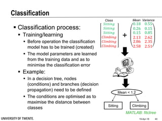 Classification
19-Apr-18 40
 Classification process:
 Training/learning
 Before operation the classification
model has to be trained (created)
 The model parameters are learned
from the training data and as to
minimise the classification error
 Example:
 In a decision tree, nodes
(conditions) and branches (decision
propagation) need to be defined
 The conditions are optimised as to
maximise the distance between
classes
0.18 0.55
0.26 0.15
0.15
2.13
2.86
2.58
0.85
2.62
2.35
2.51
𝑆𝑖𝑡𝑡𝑖𝑛𝑔
𝑆𝑖𝑡𝑡𝑖𝑛𝑔
𝑆𝑖𝑡𝑡𝑖𝑛𝑔
𝐶𝑙𝑖𝑚𝑏𝑖𝑛𝑔
𝐶𝑙𝑖𝑚𝑏𝑖𝑛𝑔
𝐶𝑙𝑖𝑚𝑏𝑖𝑛𝑔
+
Mean Variance
Mean < 1.2
Sitting Climbing
Class
MATLAB: fitctree
 