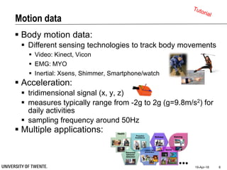 Motion data
19-Apr-18 8
 Body motion data:
 Different sensing technologies to track body movements
 Video: Kinect, Vicon
 EMG: MYO
 Inertial: Xsens, Shimmer, Smartphone/watch
 Acceleration:
 tridimensional signal (x, y, z)
 measures typically range from -2g to 2g (g=9.8m/s2) for
daily activities
 sampling frequency around 50Hz
 Multiple applications: Health
Abnormal
behavior
detection
Proactive
Assistance
Labour risk
prevention
Wellness
Sports
Gaming
 