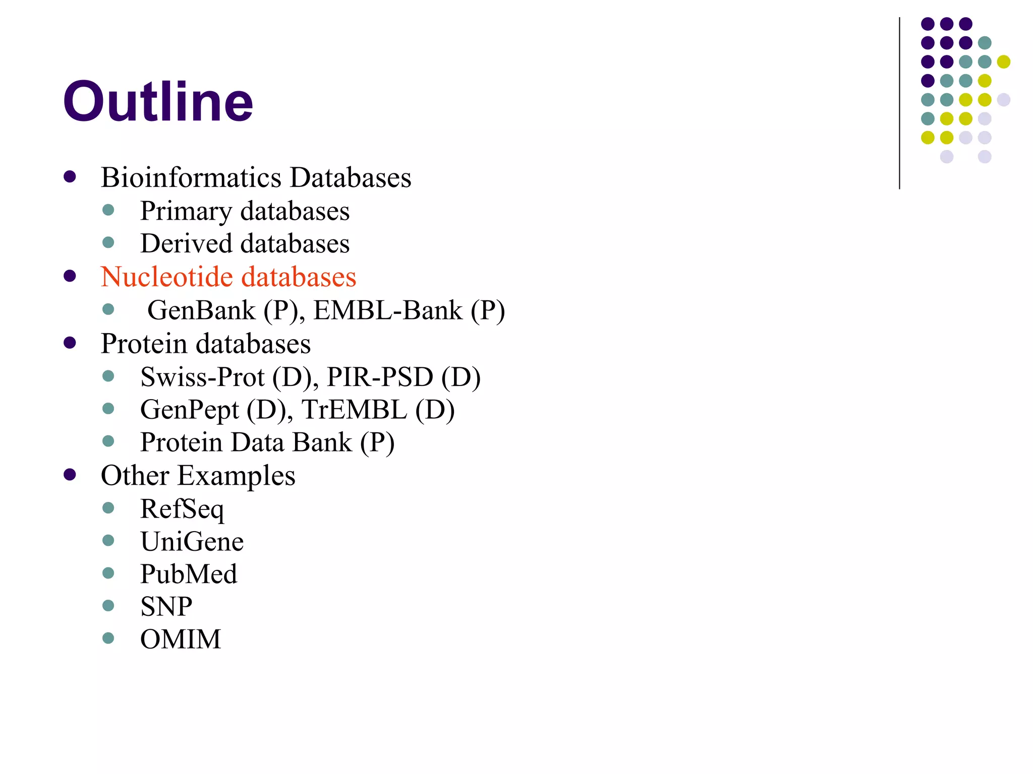 Outline Bioinformatics Databases  Primary databases Derived databases Nucleotide databases GenBank (P), EMBL-Bank (P) Protein databases Swiss-Prot (D), PIR-PSD (D) GenPept (D), TrEMBL (D) Protein Data Bank (P) Other Examples RefSeq UniGene PubMed SNP OMIM 