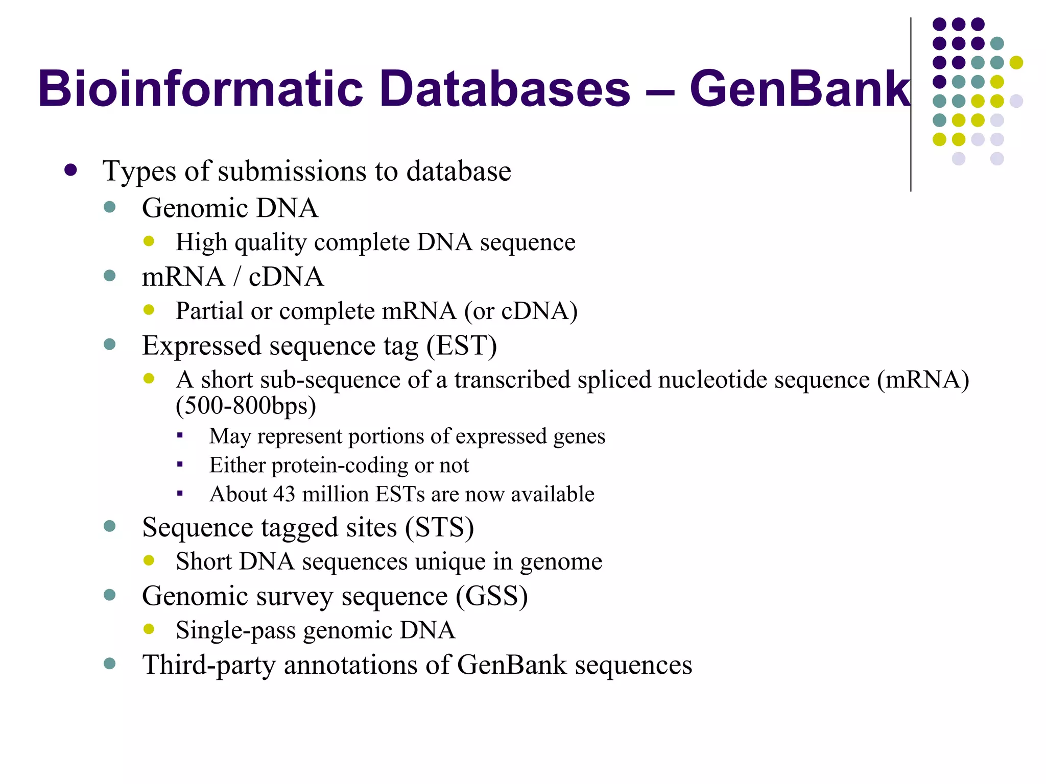 Bioinformatic Databases – GenBank Types of submissions to database Genomic DNA High quality complete DNA sequence mRNA / cDNA Partial or complete mRNA (or cDNA) Expressed sequence tag (EST) A short sub-sequence of a transcribed spliced nucleotide sequence (mRNA) (500-800bps)  May represent portions of expressed genes Either protein-coding or not About 43 million ESTs are now available Sequence tagged sites (STS) Short DNA sequences unique in genome Genomic survey sequence (GSS) Single-pass genomic DNA Third-party annotations of GenBank sequences 
