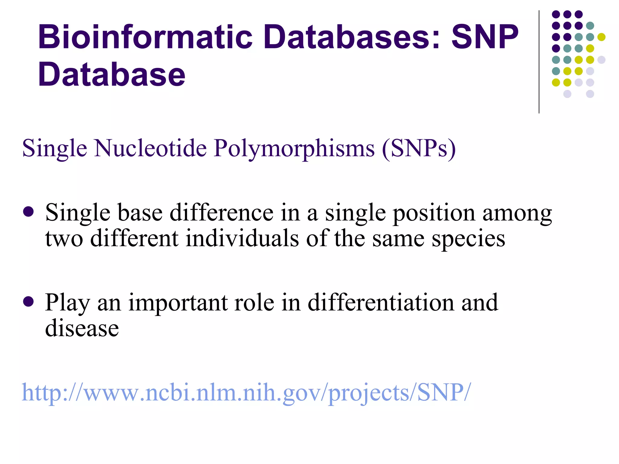 Bioinformatic Databases: SNP Database Single Nucleotide Polymorphisms (SNPs) Single base difference in a single position among two different individuals of the same species Play an important role in differentiation and disease http://www.ncbi.nlm.nih.gov/projects/SNP/ 