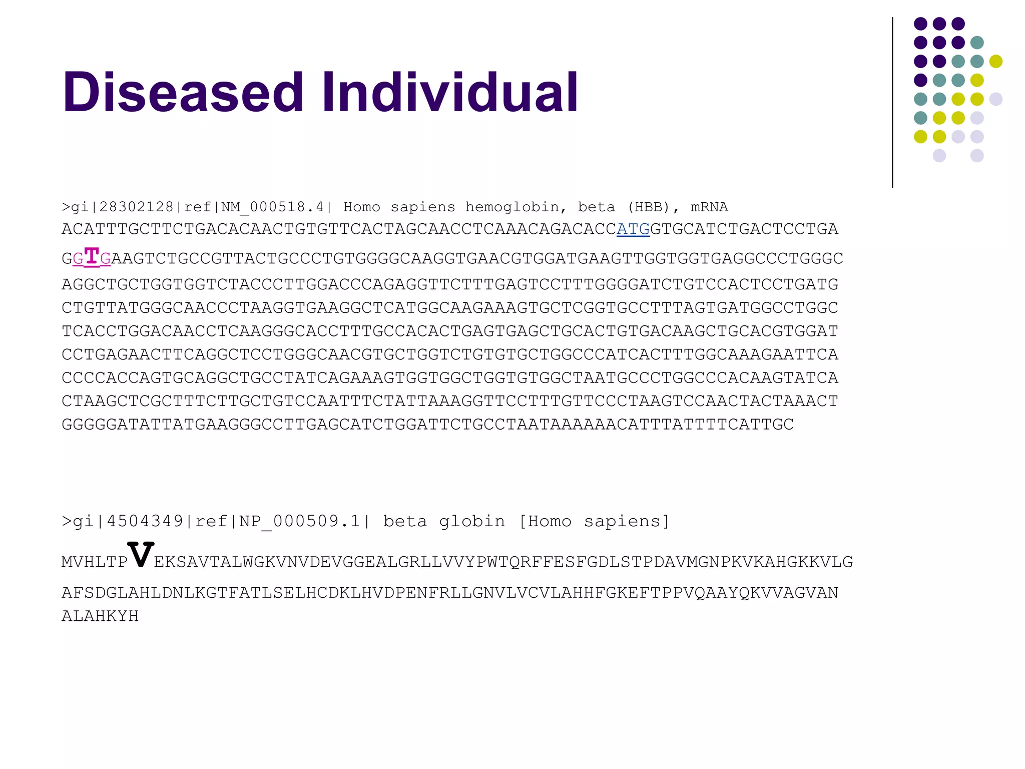 Diseased Individual >gi|28302128|ref|NM_000518.4| Homo sapiens hemoglobin, beta (HBB), mRNA ACATTTGCTTCTGACACAACTGTGTTCACTAGCAACCTCAAACAGACACC ATG GTGCATCTGACTCCTGA G G T G AAGTCTGCCGTTACTGCCCTGTGGGGCAAGGTGAACGTGGATGAAGTTGGTGGTGAGGCCCTGGGC AGGCTGCTGGTGGTCTACCCTTGGACCCAGAGGTTCTTTGAGTCCTTTGGGGATCTGTCCACTCCTGATG CTGTTATGGGCAACCCTAAGGTGAAGGCTCATGGCAAGAAAGTGCTCGGTGCCTTTAGTGATGGCCTGGC TCACCTGGACAACCTCAAGGGCACCTTTGCCACACTGAGTGAGCTGCACTGTGACAAGCTGCACGTGGAT CCTGAGAACTTCAGGCTCCTGGGCAACGTGCTGGTCTGTGTGCTGGCCCATCACTTTGGCAAAGAATTCA CCCCACCAGTGCAGGCTGCCTATCAGAAAGTGGTGGCTGGTGTGGCTAATGCCCTGGCCCACAAGTATCA CTAAGCTCGCTTTCTTGCTGTCCAATTTCTATTAAAGGTTCCTTTGTTCCCTAAGTCCAACTACTAAACT GGGGGATATTATGAAGGGCCTTGAGCATCTGGATTCTGCCTAATAAAAAACATTTATTTTCATTGC  >gi|4504349|ref|NP_000509.1| beta globin [Homo sapiens] MVHLTP V EKSAVTALWGKVNVDEVGGEALGRLLVVYPWTQRFFESFGDLSTPDAVMGNPKVKAHGKKVLG AFSDGLAHLDNLKGTFATLSELHCDKLHVDPENFRLLGNVLVCVLAHHFGKEFTPPVQAAYQKVVAGVAN  ALAHKYH  