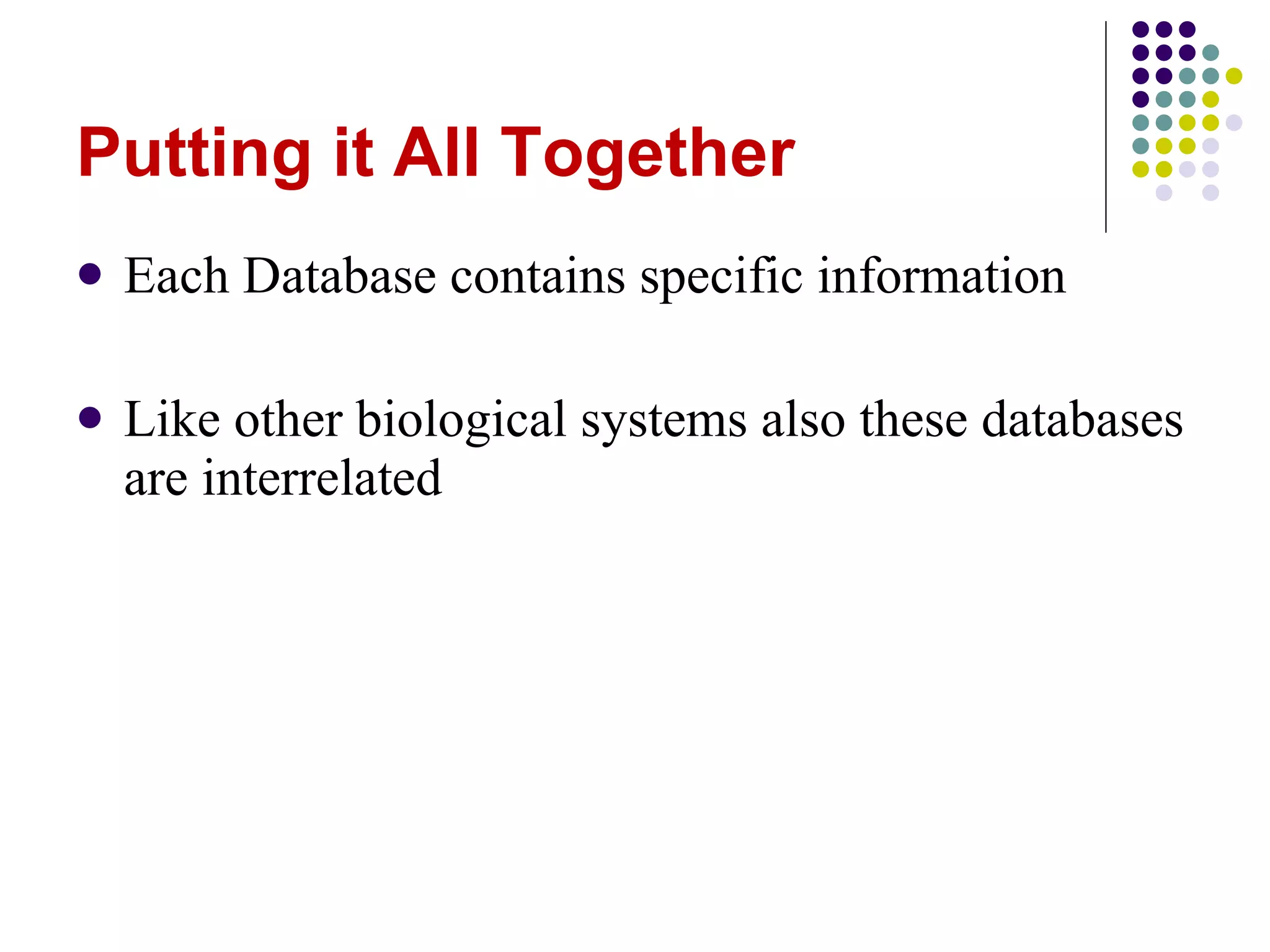 Putting it All Together Each Database contains specific information Like other biological systems also these databases are interrelated 