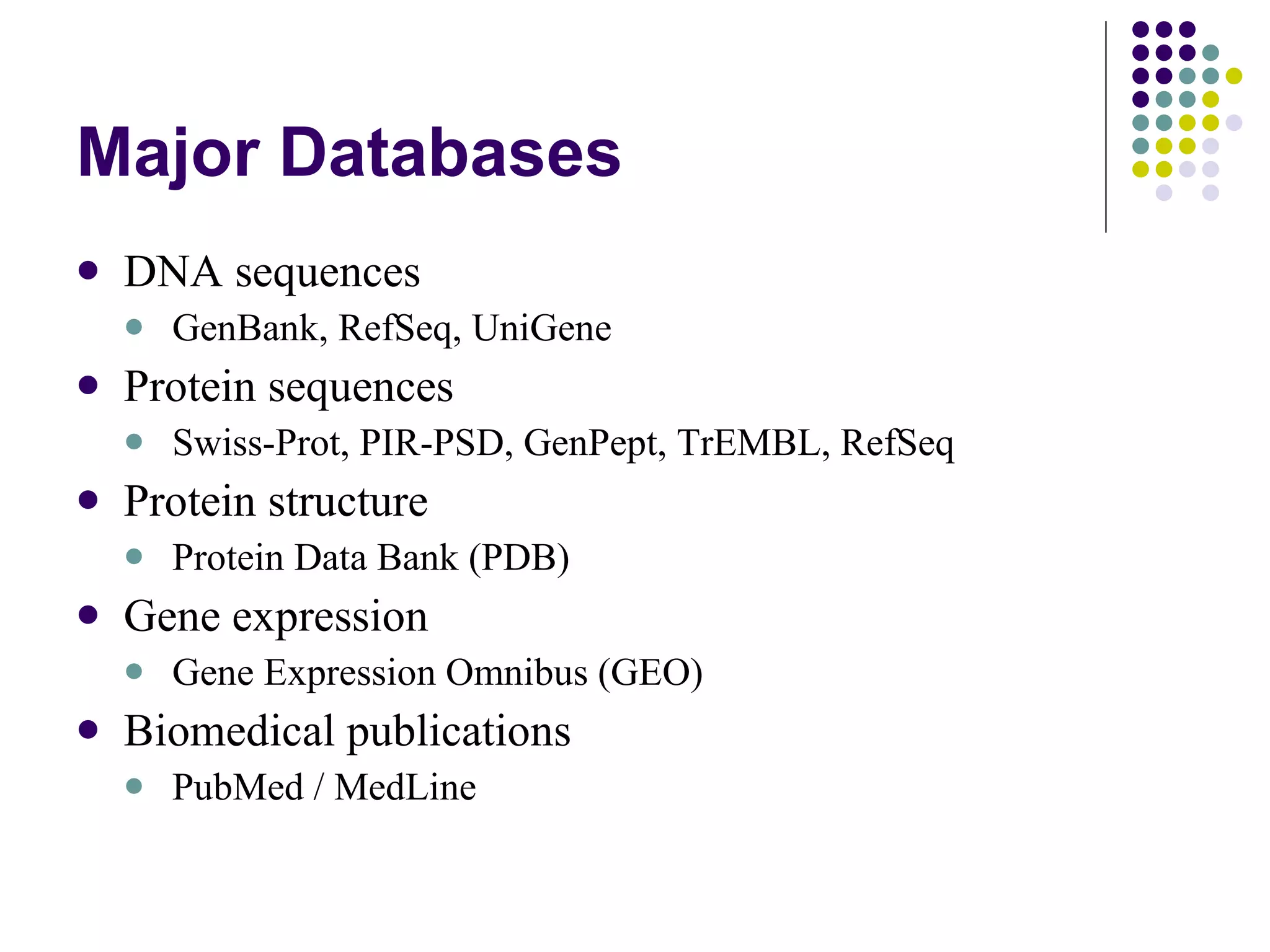 Major Databases DNA sequences GenBank, RefSeq, UniGene Protein sequences Swiss-Prot, PIR-PSD, GenPept, TrEMBL, RefSeq Protein structure Protein Data Bank (PDB) Gene expression Gene Expression Omnibus (GEO) Biomedical publications PubMed / MedLine 