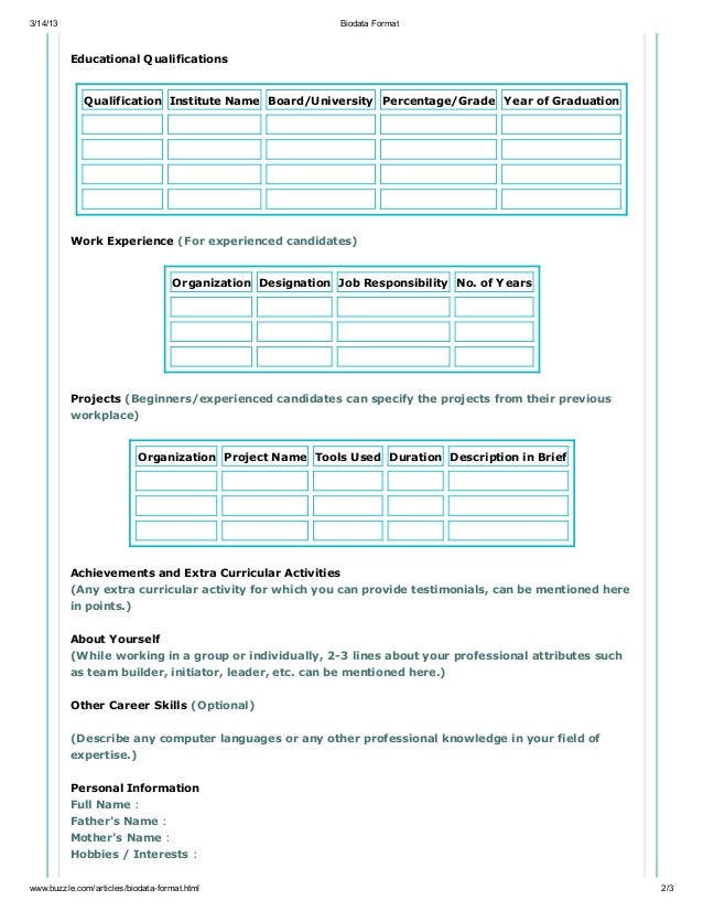 biodata format for interview