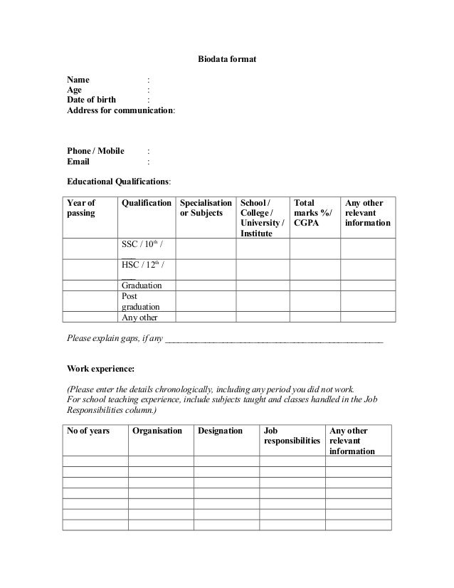Biodata Format For Vocational Training | biodata format final Biodata Format For Vocational Training | biodata format final