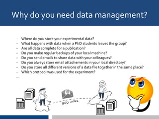 - Where do you store your experimental data?
- What happens with data when a PhD students leaves the group?
- Are all data complete for a publication?
- Do you make regular backups of your local machine?
- Do you send emails to share data with your colleagues?
- Do you always store email attachements in your local directory?
- Do you store all different versions of a data file together in the same place?
- Which protocol was used for the experiment?
...
Why do you need data management?
 