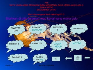 YA!! SAYA YAKIN ANDA SEKALIAN INGIN MENGENAL SAYA LEBIH JAUH LAGI   SIAPA SAYA? BAGAIMANA SAYA? Mari kita mengenal lebih dekat lagi!!!!     Silahkan di pilih terserah mau kenal yang mana dulu 03/26/11 RESTA PEBRIANI RIWAYAT  DIRI RIWAYAT  SEKOLAH   PRESTASI  ORGANISASI Memori 1 MOTTO KARAKTER JALAN  HIDUP Memori 2 And the end  say  thank 