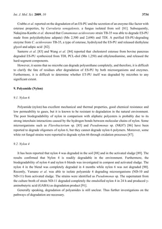 Int. J. Mol. Sci. 2009, 10 3734
Crabbe et al. reported on the degradation of an ES-PU and the secretion of an enzyme-like factor with
esterase properties, by Curvularia senegalensis, a fungus isolated from soil [81]. Subsequently,
Nakajima-Kambe et al. showed that Comamonas acidovorans strain TB-35 was able to degrade ES-PU
made from poly(diethylene adipate) (Mn 2,500 and 2,690) and TDI. A purified ES-PU-degrading
enzyme from C. acidovorans TB-35, a type of esterase, hydrolyzed the ES-PU and released diethylene
glycol and adipic acid [82].
Santerre et al. [83] and Wang et al. [84] reported that cholesterol esterase from bovine pancreas
degraded ES-PU synthesized from TDI, PCL-diol (Mn 1,250) and ethylenediamine, and released the
hard-segment components.
However, it seems that no microbe can degrade polyurethane completely, and therefore, it is difficult
to clarify the fate of residues after degradation of ES-PU by both microorganisms and enzymes.
Furthermore, it is difficult to determine whether ET-PU itself was degraded by microbes to any
significant extent.
9. Polyamide (Nylon)
9.1. Nylon 6
Polyamide (nylon) has excellent mechanical and thermal properties, good chemical resistance and
low permeability to gases, but it is known to be resistant to degradation in the natural environment.
The poor biodegradability of nylon in comparison with aliphatic polyesters is probably due to its
strong interchain interactions caused by the hydrogen bonds between molecular chains of nylon. Some
microorganisms such as Flavobacterium sp. [85] and Pseudomonas sp. (NK87) [86] have been
reported to degrade oligomers of nylon 6, but they cannot degrade nylon 6 polymers. Moreover, some
white rot fungal strains were reported to degrade nylon 66 through oxidation processes [87].
9.2. Nylon 4
It has been reported that nylon 4 was degraded in the soil [88] and in the activated sludge [89]. The
results confirmed that Nylon 4 is readily degradable in the environment. Furthermore, the
biodegradability of nylon 4 and nylon 6 blends was investigated in compost and activated sludge. The
nylon 4 in the blend was completely degraded in 4 months while nylon 6 was not degraded [90].
Recently, Yamano et al. was able to isolate polyamide 4 degrading microorganisms (ND-10 and
ND-11) from activated sludge. The strains were identified as Pseudomonas sp. The supernatant from
the culture broth of strain ND-11 degraded completely the emulsified nylon 4 in 24 h and produced γ-
aminobutyric acid (GABA) as degradation product [91].
Generally speaking, degradation of polyamides is still unclear. Thus further investigations on the
pathways of degradation are necessary.
 