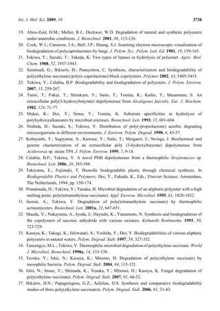 Int. J. Mol. Sci. 2009, 10 3738
19. Abou-Zeid, D.M.; Muller, R.J.; Deckwer, W.D. Degradation of natural and synthetic polyesters
under anaerobic conditions. J. Biotechnol. 2001, 86, 113-126.
20. Cook, W.J.; Cameron, J.A.; Bell, J.P.; Huang, S.J. Scanning electron microscopic visualization of
biodegradation of polycaprolactones by fungi. J. Polym. Sci., Polym. Lett. Ed. 1981, 19, 159-165.
21. Tokiwa, Y.; Suzuki, T.; Takeda, K. Two types of lipases in hydrolysis of polyester. Agric. Biol.
Chem. 1988, 52, 1937-1943.
22. Seretoudi, G.; Bikiaris, D.; Panayiotou, C. Synthesis, characterization and biodegradability of
poly(ethylene succinate)/poly(ε-caprolactone) block copolymers. Polymer 2002, 43, 5405-5415.
23. Tokiwa, Y.; Calabia, B.P. Biodegradability and biodegradation of polyesters. J. Polym. Environ.
2007, 15, 259-267.
24. Tanio, T.; Fukui, T.; Shirakura, Y.; Saito, T.; Tomita, K.; Kaiho, T.; Masamune, S. An
extracellular poly(3-hydroxybutyrate) depolymerase from Alcaligenes faecalis. Eur. J. Biochem.
1982, 124, 71-77.
25. Mukai, K.; Doi, Y.; Sema, Y.; Tomita, K. Substrate specificities in hydrolysis of
polyhydroxyalkanoates by microbial esterases. Biotechnol. Lett. 1993, 15, 601-604.
26. Nishida, H.; Suzuki, S.; Tokiwa, Y. Distribution of poly(-propiolactone) aerobic degrading
microorganisms in different environments. J. Environ. Polym. Degrad. 1998, 6, 43-57.
27. Kobayashi, T.; Sugiyama, A.; Kawase, Y.; Saito, T.; Mergaert, J.; Swings, J. Biochemical and
genetic characterization of an extracellular poly (3-hydroxybutyrate) depolymerase from
Acidovorax sp. strain TP4. J. Polym. Environ. 1999, 7, 9-18.
28. Calabia, B.P.; Tokiwa, Y. A novel PHB depolymerase from a thermophilic Streptomyces sp.
Biotechnol. Lett. 2006, 28, 383-388.
29. Takiyama, E.; Fujimaki, T. Bionolle biodegradable plastic through chemical synthesis. In
Biodegradable Plastics and Polymers; Doi, Y., Fukuda, K., Eds.; Elsevier Science: Amsterdam,
The Netherlands, 1994; pp. 150-174.
30. Pranamuda, H.; Tokiwa, Y.; Tanaka, H. Microbial degradation of an aliphatic polyester with a high
melting point, poly(tetramethylene succinate). Appl. Environ. Microbiol. 1995, 61, 1828-1832.
31. Jarerat, A.; Tokiwa, Y. Degradation of poly(tetramethylene succinate) by thermophilic
actinomycetes. Biotechnol. Lett. 2001a, 23, 647-651.
32. Maeda, Y.; Nakayama, A.; Iyoda, J.; Hayashi, K.; Yamamoto, N. Synthesis and biodegradation of
the copolymers of succinic anhydride with various oxiranes. Kobunshi Ronbunshu. 1993, 50,
723-729.
33. Kasuya, K.; Takagi, K.; Ishiwatari, S.; Yoshida, Y.; Doi, Y. Biodegradabilities of various aliphatic
polyesters in natural waters. Polym. Degrad. Stab. 1997, 59, 327-332.
34. Tansengco, M.L.; Tokiwa, Y. Thermophilic microbial degradation of polyethylene succinate. World
J. Microbiol. Biotechnol. 1998a, 14, 133-138.
35. Tezuka, Y.; Ishii, N.; Kasuya, K.; Mitomo, H. Degradation of poly(ethylene succinate) by
mesophilic bacteria. Polym. Degrad. Stab. 2004, 84, 115-121.
36. Ishii, N.; Inoue, Y.; Shimada, K.; Tesuka, Y.; Mitomo, H.; Kasuya, K. Fungal degradation of
poly(ethylene succinate). Polym. Degrad. Stab. 2007, 92, 44-52.
37. Bikiaris, D.N.; Papageorgiou, G.Z.; Achilias, D.S. Synthesis and comparative biodegradability
studies of three poly(alkylene succinate)s. Polym. Degrad. Stab. 2006, 91, 31-43.
 