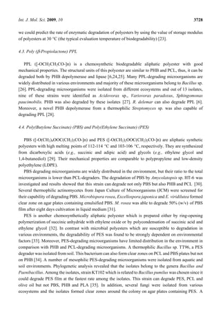 Int. J. Mol. Sci. 2009, 10 3728
we could predict the rate of enzymatic degradation of polyesters by using the value of storage modulus
of polyesters at 30 °C (the typical evaluation temperature of biodegradability) [23].
4.3. Poly (β-Propiolactone) PPL
PPL ([-OCH2CH2CO-]n) is a chemosynthetic biodegradable aliphatic polyester with good
mechanical properties. The structural units of this polyester are similar to PHB and PCL, thus, it can be
degraded both by PHB depolymerase and lipase [6,24,25]. Many PPL-degrading microorganisms are
widely distributed in various environments and majority of these microorganisms belong to Bacillus sp.
[26]. PPL-degrading microorganisms were isolated from different ecosystems and out of 13 isolates,
nine of these strains were identified as Acidovorax sp., Variovorax paradoxus, Sphingomonas
paucimobilis. PHB was also degraded by these isolates [27]. R. delemar can also degrade PPL [6].
Moreover, a novel PHB depolymerase from a thermophilic Streptomyces sp. was also capable of
degrading PPL [28].
4.4. Poly(Butylene Succinate) (PBS) and Poly(Ethylene Succinate) (PES)
PBS ([-O(CH2)4OOC(CH2)2CO-]n) and PES ([-O(CH2)2OOC(CH2)2CO-]n) are aliphatic synthetic
polyesters with high melting points of 112-114 °C and 103-106 °C, respectively. They are synthesized
from dicarboxylic acids (e.g., succinic and adipic acid) and glycols (e.g., ethylene glycol and
1,4-butanediol) [29]. Their mechanical properties are comparable to polypropylene and low-density
polyethylene (LDPE).
PBS degrading microorganisms are widely distributed in the environment, but their ratio to the total
microorganisms is lower than PCL-degraders. The degradation of PBS by Amycolatopsis sp. HT-6 was
investigated and results showed that this strain can degrade not only PBS but also PHB and PCL [30].
Several thermophilic actinomycetes from Japan Culture of Microorganisms (JCM) were screened for
their capability of degrading PBS. Microbispora rosea, Excellospora japonica and E. viridilutea formed
clear zone on agar plates containing emulsified PBS. M. rosea was able to degrade 50% (w/v) of PBS
film after eight days cultivation in liquid medium [31].
PES is another chemosynthetically aliphatic polyester which is prepared either by ring-opening
polymerization of succinic anhydride with ethylene oxide or by polycondensation of succinic acid and
ethylene glycol [32]. In contrast with microbial polyesters which are susceptible to degradation in
various environments, the degradability of PES was found to be strongly dependent on environmental
factors [33]. Moreover, PES-degrading microorganisms have limited distribution in the environment in
comparison with PHB and PCL-degrading microorganisms. A thermophilic Bacillus sp. TT96, a PES
degrader was isolated from soil. This bacterium can also form clear zones on PCL and PBS plates but not
on PHB [34]. A number of mesophilic PES-degrading microorganisms were isolated from aquatic and
soil environments. Phylogenetic analysis revealed that the isolates belong to the genera Bacillus and
Paenibacillus. Among the isolates, strain KT102 which is related to Bacillus pumilus was chosen since it
could degrade PES film at the fastest rate among the isolates. This strain can degrade PES, PCL and
olive oil but not PBS, PHB and PLA [35]. In addition, several fungi were isolated from various
ecosystems and the isolates formed clear zones around the colony on agar plates containing PES. A
 