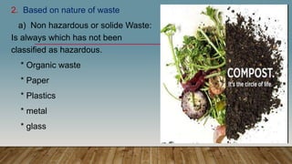 2. Based on nature of waste
a) Non hazardous or solide Waste:
Is always which has not been
classified as hazardous.
* Organic waste
* Paper
* Plastics
* metal
* glass
 