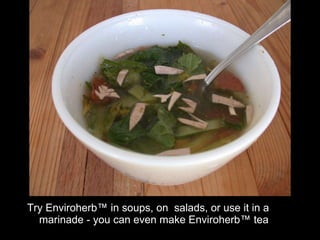 Try Enviroherb™ in soups, on  salads, or use it in a marinade - you can even make Enviroherb™ tea 