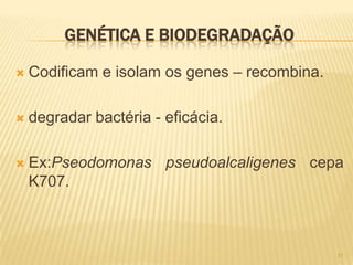 GENÉTICA E BIODEGRADAÇÃO

   Codificam e isolam os genes – recombina.

   degradar bactéria - eficácia.

   Ex:Pseodomonas pseudoalcaligenes cepa
    K707.



                                               11
 