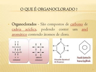 O QUE É ORGANOCLORADO ?


•   Organoclorados - São compostos de carbono de
    cadeia acíclica, podendo conter um anel
    aromático contendo átomos de cloro.




                                                   3
 