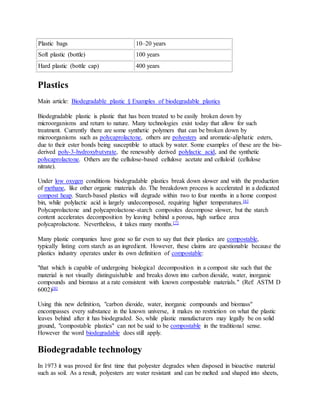 Plastic bags 10–20 years
Soft plastic (bottle) 100 years
Hard plastic (bottle cap) 400 years
Plastics
Main article: Biodegradable plastic § Examples of biodegradable plastics
Biodegradable plastic is plastic that has been treated to be easily broken down by
microorganisms and return to nature. Many technologies exist today that allow for such
treatment. Currently there are some synthetic polymers that can be broken down by
microorganisms such as polycaprolactone, others are polyesters and aromatic-aliphatic esters,
due to their ester bonds being susceptible to attack by water. Some examples of these are the bio-
derived poly-3-hydroxybutyrate, the renewably derived polylactic acid, and the synthetic
polycaprolactone. Others are the cellulose-based cellulose acetate and celluloid (cellulose
nitrate).
Under low oxygen conditions biodegradable plastics break down slower and with the production
of methane, like other organic materials do. The breakdown process is accelerated in a dedicated
compost heap. Starch-based plastics will degrade within two to four months in a home compost
bin, while polylactic acid is largely undecomposed, requiring higher temperatures.[6]
Polycaprolactone and polycaprolactone-starch composites decompose slower, but the starch
content accelerates decomposition by leaving behind a porous, high surface area
polycaprolactone. Nevertheless, it takes many months.[7]
Many plastic companies have gone so far even to say that their plastics are compostable,
typically listing corn starch as an ingredient. However, these claims are questionable because the
plastics industry operates under its own definition of compostable:
"that which is capable of undergoing biological decomposition in a compost site such that the
material is not visually distinguishable and breaks down into carbon dioxide, water, inorganic
compounds and biomass at a rate consistent with known compostable materials." (Ref: ASTM D
6002)[8]
Using this new definition, "carbon dioxide, water, inorganic compounds and biomass"
encompasses every substance in the known universe, it makes no restriction on what the plastic
leaves behind after it has biodegraded. So, while plastic manufacturers may legally be on solid
ground, "compostable plastics" can not be said to be compostable in the traditional sense.
However the word biodegradable does still apply.
Biodegradable technology
In 1973 it was proved for first time that polyester degrades when disposed in bioactive material
such as soil. As a result, polyesters are water resistant and can be melted and shaped into sheets,
 
