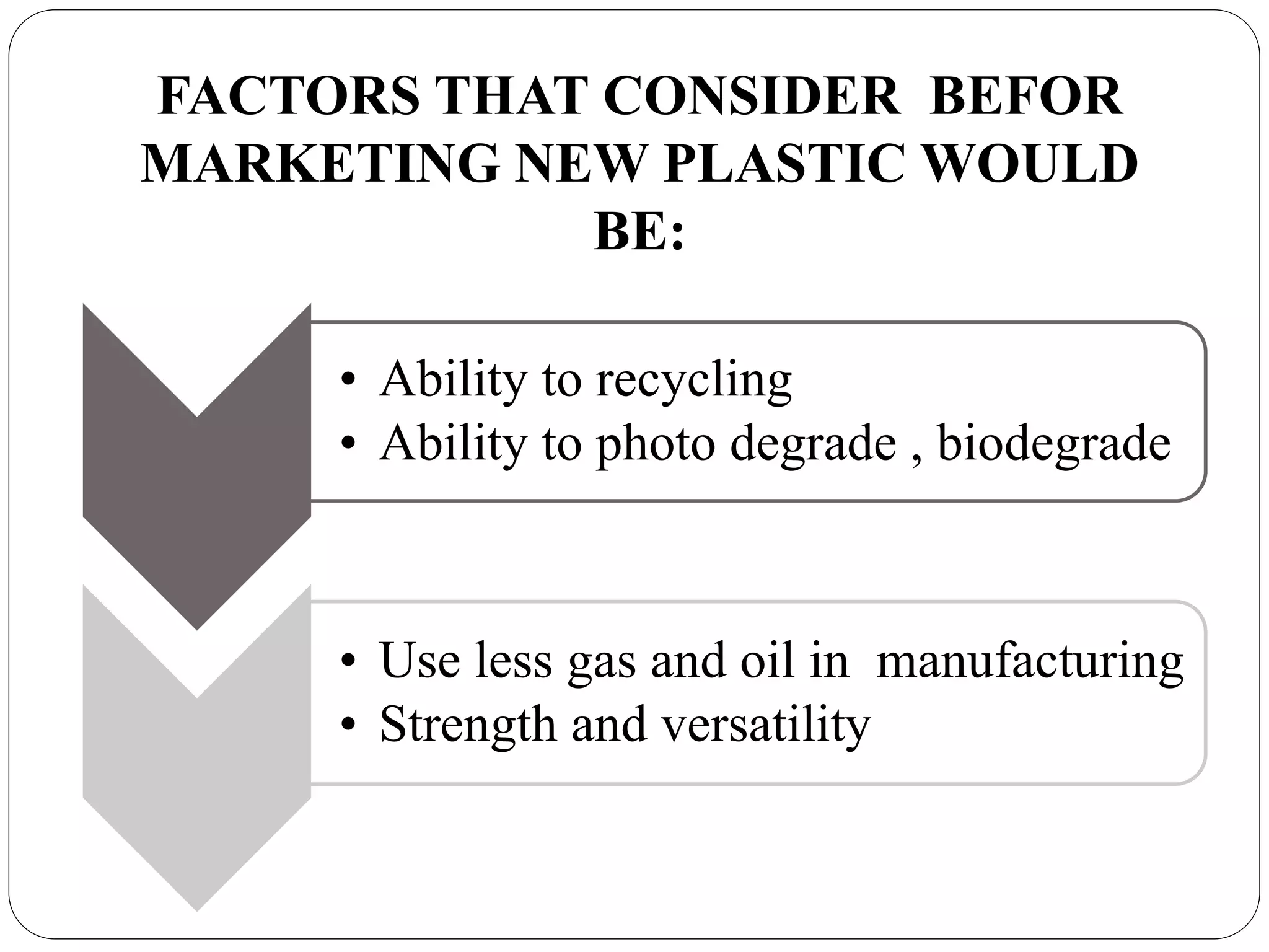 FACTORS THAT CONSIDER BEFOR
MARKETING NEW PLASTIC WOULD
BE:
• Ability to recycling
• Ability to photo degrade , biodegrade
• Use less gas and oil in manufacturing
• Strength and versatility
 
