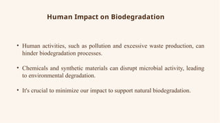 Human Impact on Biodegradation
• Human activities, such as pollution and excessive waste production, can
hinder biodegradation processes.
• Chemicals and synthetic materials can disrupt microbial activity, leading
to environmental degradation.
• It's crucial to minimize our impact to support natural biodegradation.
 