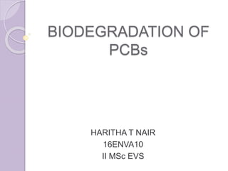 BIODEGRADATION OF
PCBs
HARITHA T NAIR
16ENVA10
II MSc EVS
 
