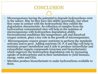 CONCLUSION
 Microorganisms having the potential to degrade hydrocarbons exist
in the nature. May be they have this ability genetically, but when
they come in contact with the hydrocarbons they exhibit the
degradation characteristic. So collection of samples from the
hydrocarbon contaminated sites will help in the isolation of
microorganisms with hydrocarbon degradation ability.
Environmental conditions like temperature, pH and dissolved
oxygen content, plays a key role in the growth of microorganisms.
 Microorganisms require proper nutrients to perform the metabolic
activates and to grow. Adding nutrients (N, P, S and Mg) will help to
maintain proper metabolism and it aids to produce intracellular and
extracellular organic compounds (enzymes and biosurfactants)
which improves the hydrocarbon degradation rate by increasing
uptake of hydrocarbons and in their metabolism to yield biomass,
energy, water and CO2.
 Microbes produce biosurfactants to make hydrocarbons available to
them.
 