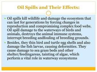 Oil Spills and Their Effects:
 Oil spills kill wildlife and damage the ecosystem that
can last for generations by forcing changes in
reproduction and compromising complex food webs.
Oil spill damage to the waterways of birds and
animals, destroys the animal immune systems,
interrupt breeding andfouling of breeding grounds.
 Besides, they thin bird and turtle egg shells and also
damage the fish larvae, causing deformities. They
cause damage to sea grass beds and other
shelter/feedingareas, tainting of algae, which
perform a vital role in waterway ecosystems
 