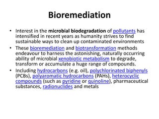 • Interest in the microbial biodegradation of pollutants has
intensified in recent years as humanity strives to find
sustainable ways to clean up contaminated environments
• These bioremediation and biotransformation methods
endeavour to harness the astonishing, naturally occurring
ability of microbial xenobiotic metabolism to degrade,
transform or accumulate a huge range of compounds.
• Including hydrocarbons (e.g. oil), polychlorinated biphenyls
(PCBs), polyaromatic hydrocarbons (PAHs), heterocyclic
compounds (such as pyridine or quinoline), pharmaceutical
substances, radionuclides and metals
Bioremediation
 